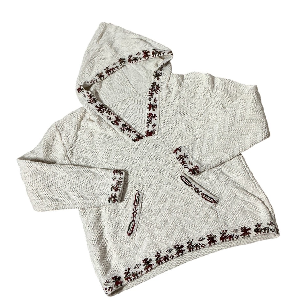 Nordic Fair Isle Reindeer Knit Hoodie Women Medium Cream Chevron Boho